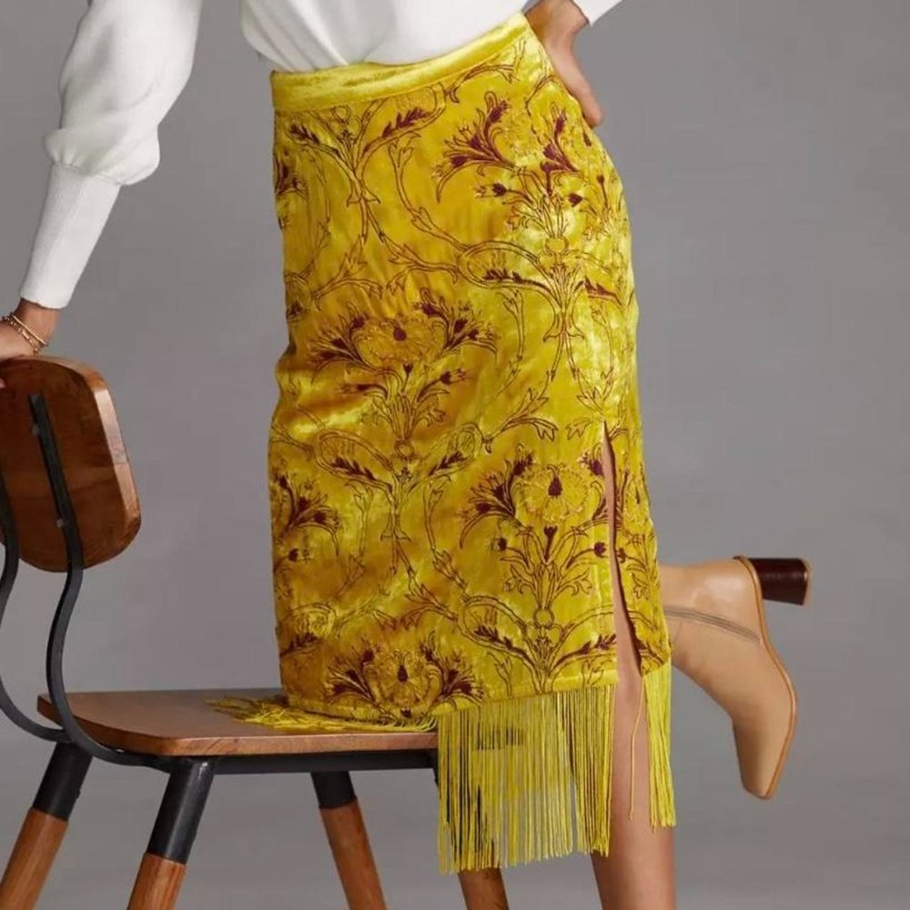 Anthropologie velvet midi skirt with fringe